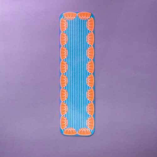 Echoes at Dusk handmade bookmark with blue and orange Mediterranean-inspired patterns.