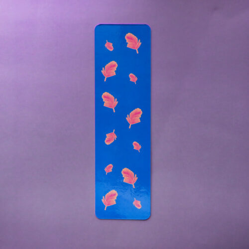 Vibrant blue bookmark featuring a pattern of floating pink and orange feathers, with a clean rectangular shape and rounded corners.