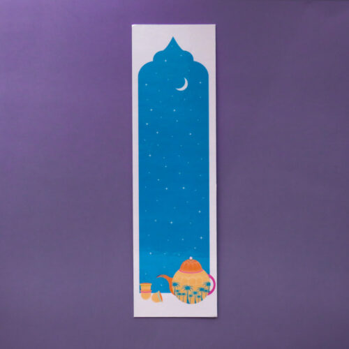 Tall arched blue bookmark depicting a starry night sky over a patterned teapot and small coffee cups.
