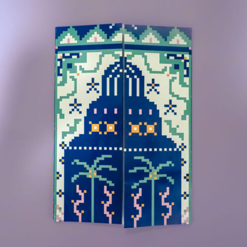 Greeting card with a detailed illustration of a blue mosque entrance, palm trees, and traditional patterns.