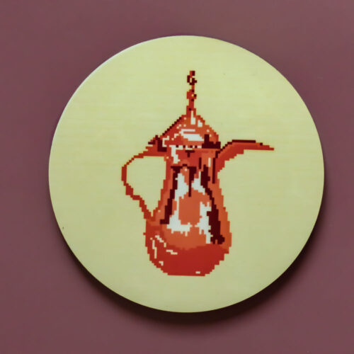 Circular MDF coaster with an illustration of a traditional red Arabic coffee pot.