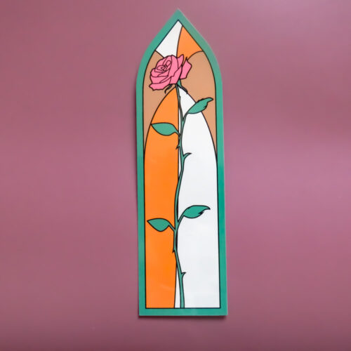 Arch-shaped bookmark featuring a single vertical flower on a split-tone yellow and beige background.