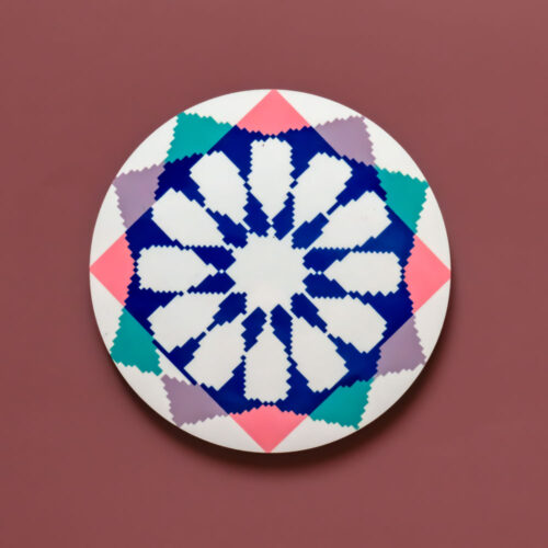 Circular MDF coaster with an intricate blue and purple geometric rosette pattern.